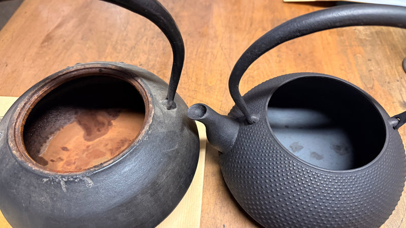 Side-by-side comparison of aged and new tetsubin interior — rust care guide