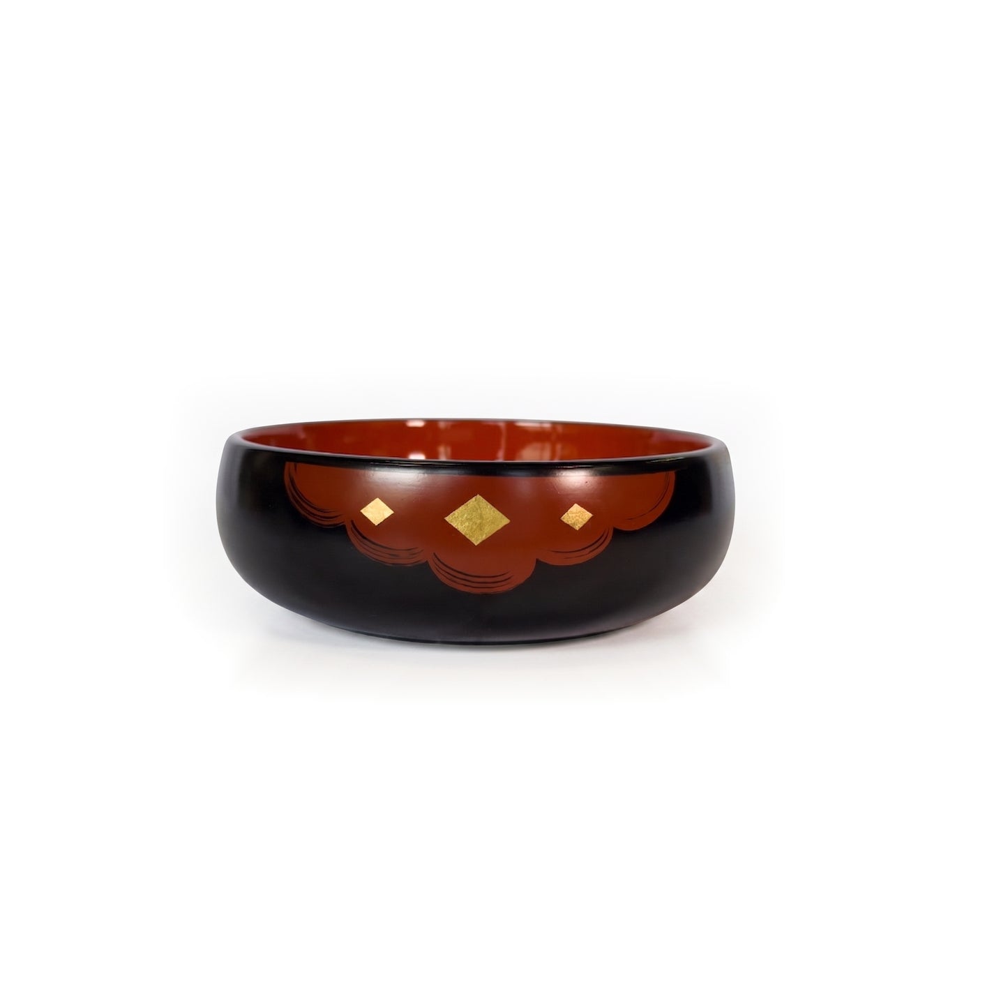 A black lacquer bowl with three separate gold diamonds, small, large and small, spaced along the red cloud band on its front.