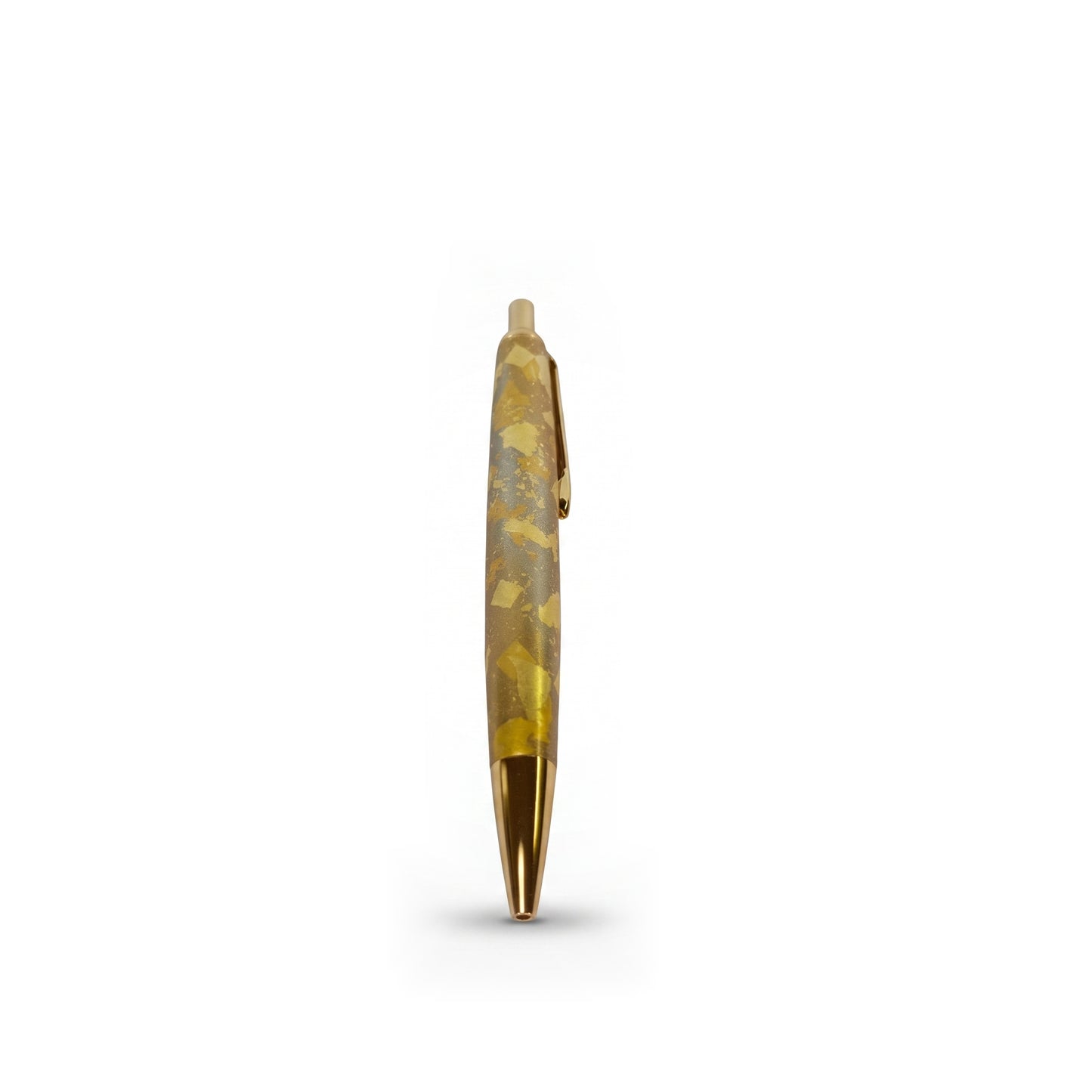 A closer view of the barrel, square flakes of gold leaf scattered across a silver-grey ground, gold clip at the right.